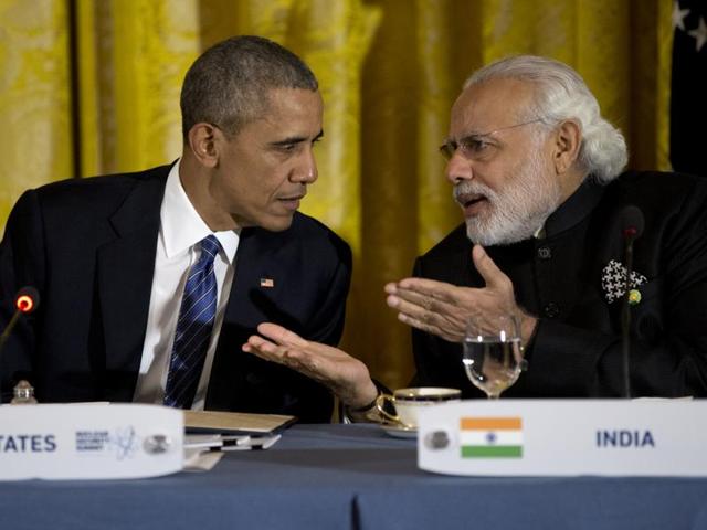 Seated from left: Chinese President Xi Jinping, President Barack Obama, Prime Minister Narendra Modi, and Georgian President Giorgi Margvelashvili during a dinner with heads of delegations of the Nuclear Security Summit in the East Room of the White House in Washington.(AP Photo)