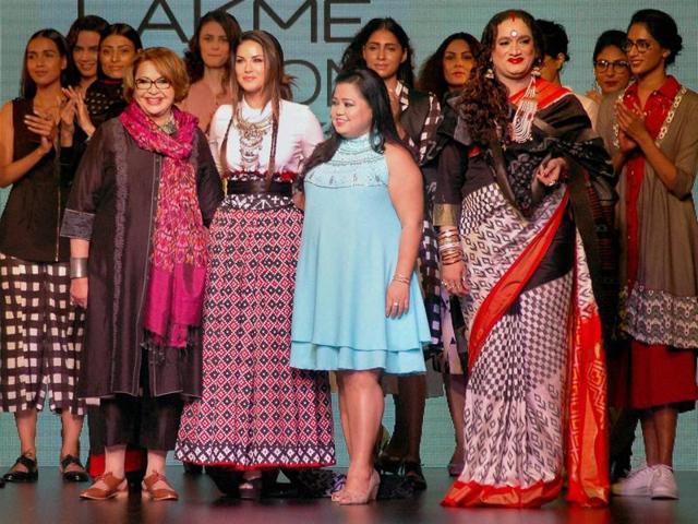 Bollywood actors Helen, Sunny Leion, comedian Bharti Singh and transgender activist Laxmi Narayan at Lakme Fashion Week. (PTI) 