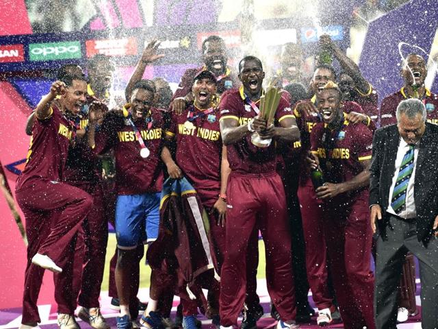 Team members of West Indies celebrate after winning the final of ICC World Twenty20. (Ajay Aggarwal/HT Photo) 