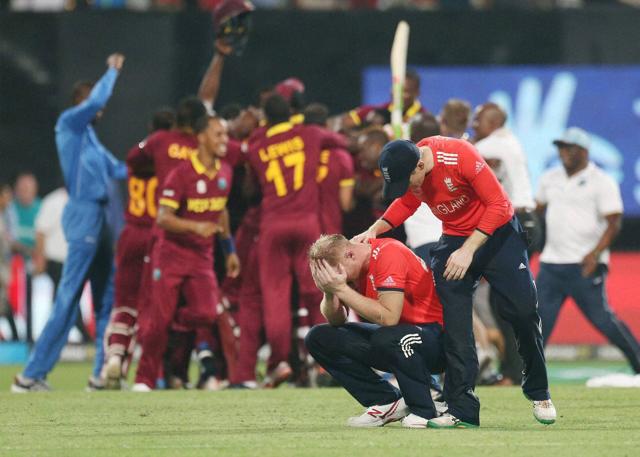 Ben Stokes is consoled by his captain Eoin Morgan following England’s loss to the West Indies in the final of the World T20. (PTI) Ben Stokes is consoled by his captain Eoin Morgan following England’s loss to the West Indies in the final of the World T20. (PTI)