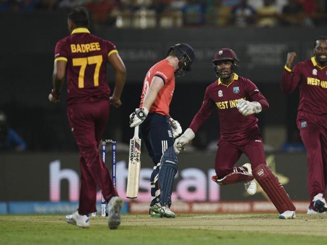 Eoin Morgan of England in caught by Chris Gayle. (Ashok Nath Dey) 