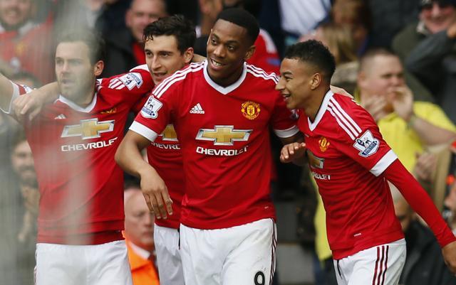 Anthony Martial celebrates with Jesse Lingard, Matteo Darmian and Juan Mata after scoring the first goal. (Reuters Photo)
