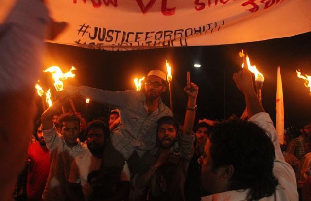 Students at welcome march on the campus with torches. (Special arrangement )