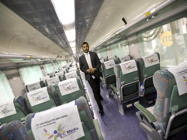 With improved coach interiors with wide windows and free multimedia services for passengers to view movies, news and cartoons during their journey to Agra, the Gatimaan express looks miles ahead with what it offers. (Arun Sharma / HT Photo)