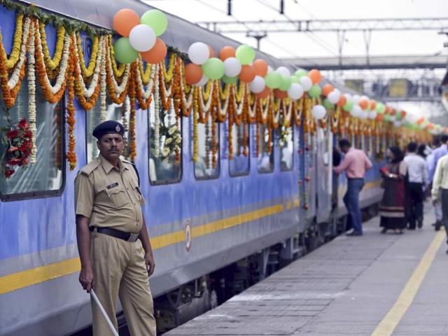 The train was decorated ahead of its maiden journey from the Hazrat Nizamuddin Railway Station on Tuesday. The maximum speed it clocks: 160 km per hour. (Arun Sharma / HT Photo)