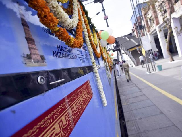 The train also has a high-power emergency braking system, automatic fire alarm, GPS-based passenger information system and sliding doors in the coaches. (Arun Sharma / HT Photo)