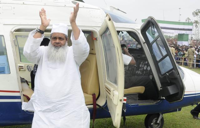 Badruddin Ajmal at an election rally at Gossaingaon Telipara in Assam. (Subhendu Ghosh /HT Photo)