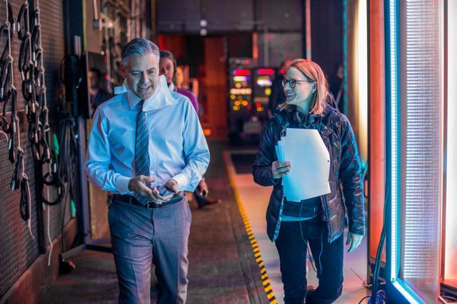 George Clooney and Director Jodie Foster on the set of Money Monster. George Clooney and Director Jodie Foster on the set of Money Monster.