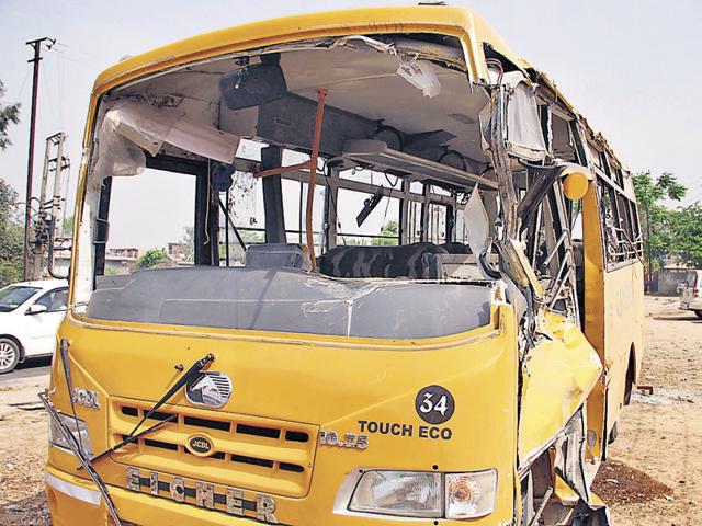 The damaged bus in Dehlon on Monday. (JS Grewal/HT Photo) The damaged bus in Dehlon on Monday. (JS Grewal/HT Photo)