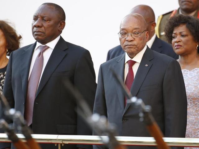 South Africa's Deputy President Cyril Ramaphosa and President Jacob Zuma stand during the playing of the national anthem at the opening of Parliament in Cape Town. (REUTERS) South Africa's Deputy President Cyril Ramaphosa and President Jacob Zuma stand during the playing of the national anthem at the opening of Parliament in Cape Town. (REUTERS)