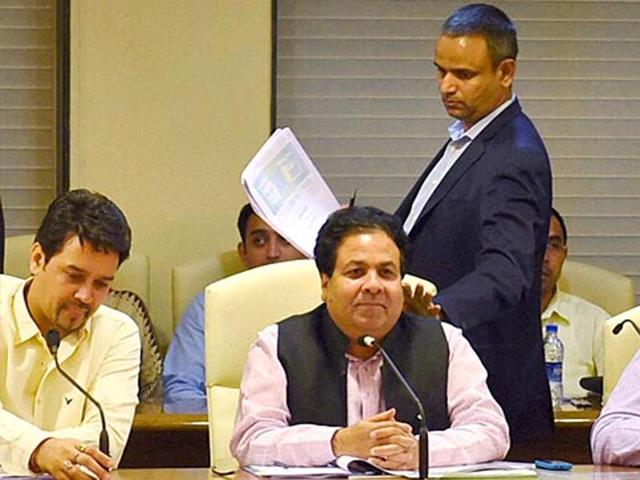 BCCI secretary Anurag Thakur, left, along with IPL governing council chairman Rajeev Shukla.(PTI Photo)