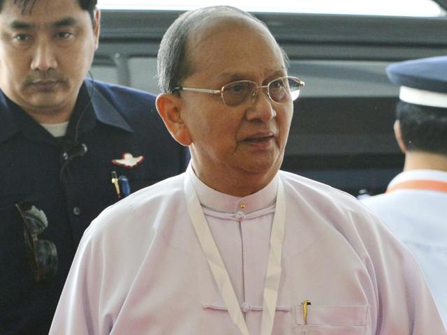 File photo from December 2015 shows former Myanmar president Thein Sein (left) shaking hands with then opposition leader Aung San Suu Kyi during their meeting at the presidential residence. (AP) File photo from December 2015 shows former Myanmar president Thein Sein (left) shaking hands with then opposition leader Aung San Suu Kyi during their meeting at the presidential residence. (AP)
