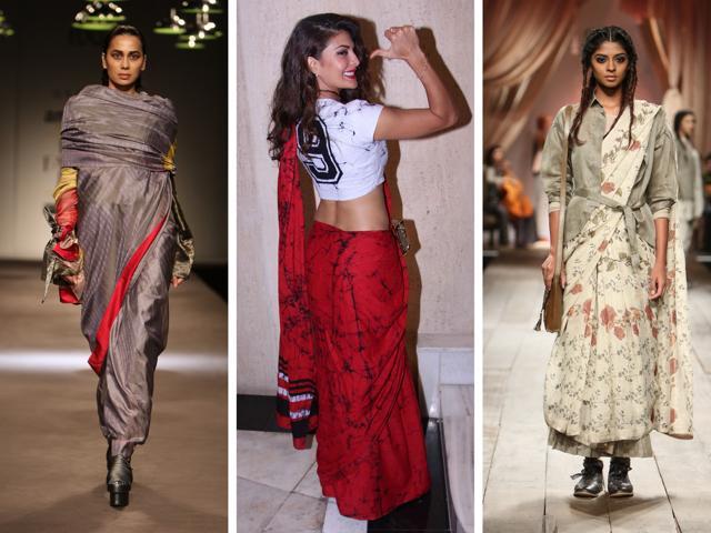 (L to R) Model Sonalika Sahay shows off a Gaurav Jai Gupta design on the ramp; actor Jacqueline Fernandez teams her sari with a sporty crop top; a model in a Anavila Mishra design . (Raajessh Kashyap & Yogen Shah/ HT Photos) (L to R) Model Sonalika Sahay shows off a Gaurav Jai Gupta design on the ramp; actor Jacqueline Fernandez teams her sari with a sporty crop top; a model in a Anavila Mishra design . (Raajessh Kashyap & Yogen Shah/ HT Photos)