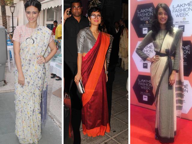 Actors Roshni Chopra, filmmaker Kiran Rao and actor Sarah-Jane Dias rock saris teamed with fun tops . (Yogen Shah and Viral Bhayani/ HT Photos and Instagram ) Actors Roshni Chopra, filmmaker Kiran Rao and actor Sarah-Jane Dias rock saris teamed with fun tops . (Yogen Shah and Viral Bhayani/ HT Photos and Instagram )