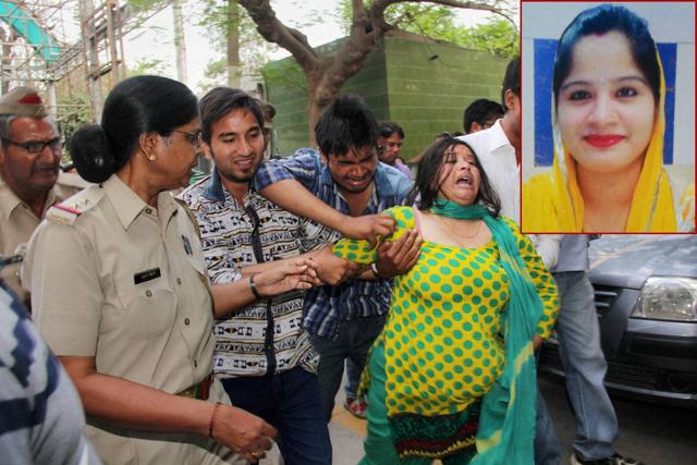Ghaziabad: Grieving family members of Himanshi Kashyap, (inset) , daughter-in-law of BSP Rajya Sabha member Narendra Kashyap, mourn her death, who died due to a gun shot injury on her head, in Ghaziabad on Wednesday. (PTI) Ghaziabad: Grieving family members of Himanshi Kashyap, (inset) , daughter-in-law of BSP Rajya Sabha member Narendra Kashyap, mourn her death, who died due to a gun shot injury on her head, in Ghaziabad on Wednesday. (PTI)