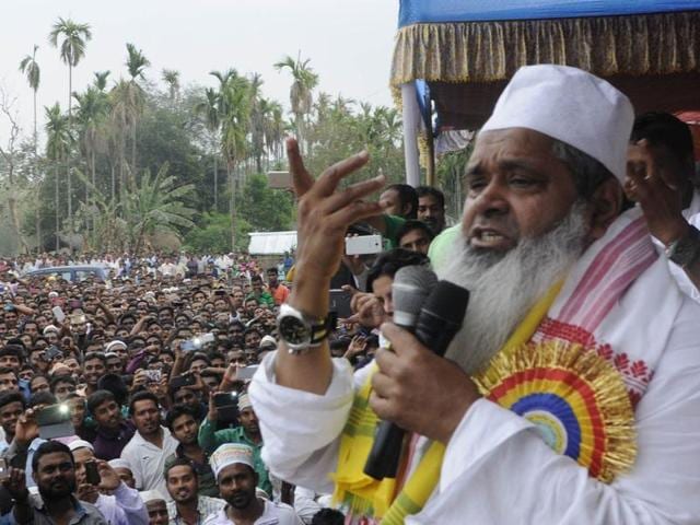 Badruddin Ajmal reaches an election rally at Gossaingaon Telipara, Assam on Tuesday. (Subhendu Ghosh / HT Photo) Badruddin Ajmal reaches an election rally at Gossaingaon Telipara, Assam on Tuesday. (Subhendu Ghosh / HT Photo)