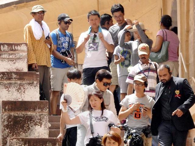 Jackie Chan arrives for the shoot of his movie Kung Fu Yoga at Mehrangarh fort in Jodhpur. (PTI) 