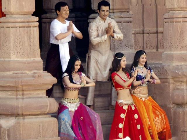 Hollywood actor Jackie Chan with actress Disha Patni and actor Sonu Sood shooting for film Kung Fu Yoga in Jodhpur's Mandore Gardens in Jodhpur on Monday. (PTI)