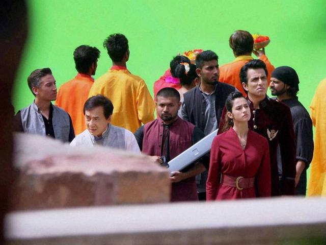 Jackie Chan, actress Disha Patani and actor Sonu Sood at the shoot of film Kung Fu Yoga. (PTI) 