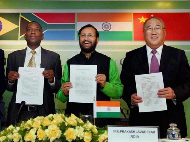 Union environment minister Prakash Javadekar with China's climate envoy Xie Zhenhua and South Africa's Maesela Kekana during a press conference on '22nd BASIC ministerial meeting on Climate Change' in New Delhi (PTI) Union environment minister Prakash Javadekar with China's climate envoy Xie Zhenhua and South Africa's Maesela Kekana during a press conference on '22nd BASIC ministerial meeting on Climate Change' in New Delhi (PTI)