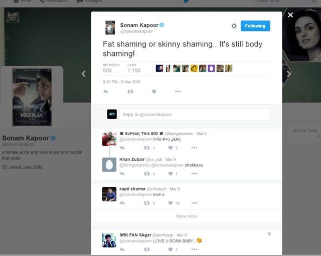 Sonam Kapoor’s tweet slamming body shamers (Twitter.com/sonamkapoor)