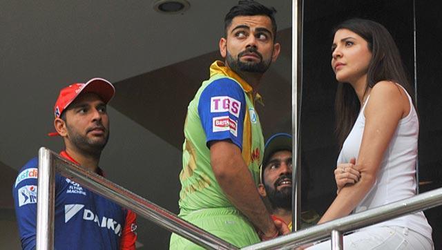 Virat Kohli with Anushka Sharma and Yuvraj Singh at the M Chinnaswamy Stadium in Bengaluru on May 17. (HT Photo) Virat Kohli with Anushka Sharma and Yuvraj Singh at the M Chinnaswamy Stadium in Bengaluru on May 17. (HT Photo)