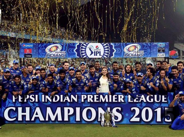 2015 champions Mumbai Indians pose with the trophy after winning their second IPL title. (PTI Photo) 2015 champions Mumbai Indians pose with the trophy after winning their second IPL title. (PTI Photo)