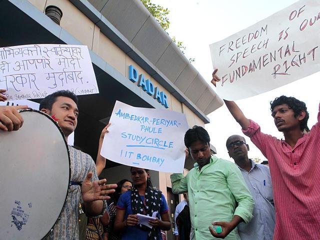 IIT-Bombay students and RPI supporters protested against the derecognition of the Ambedkar Periyar Study Circle (APSC) by the IIT, in Mumbai. (Pratham Gokhale/HT photo) IIT-Bombay students and RPI supporters protested against the derecognition of the Ambedkar Periyar Study Circle (APSC) by the IIT, in Mumbai. (Pratham Gokhale/HT photo)