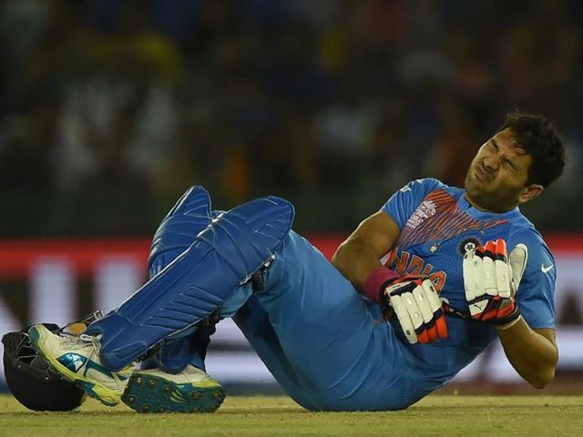 Yuvraj Singh grimaces in pain during the World T20 match against Australia. (AFP Photo) Yuvraj Singh grimaces in pain during the World T20 match against Australia. (AFP Photo)