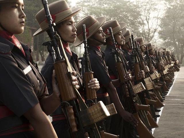 The Assam Rifles inducted 100 women after a year-long training programme at the Assam Rifles Training Centre and School in Nagaland.(HT Photos)