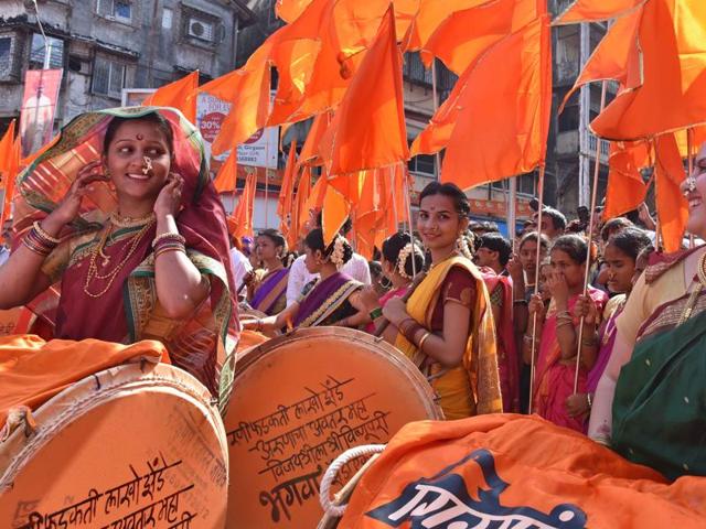 Women participate in Gudi Padwa procession at Girgaum in Mumbai. (Pratham Gokhale/ Hindustan Times)