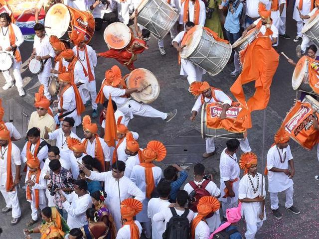 People participate in Gudi Padwa procession at Girgaum in Mumbai. (Pratham Gokhale/ Hindustan Times)
