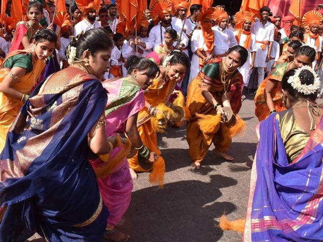 Women participate in Gudi Padwa procession at Girgaum in Mumbai. (Pratham Gokhale/ Hindustan Times)