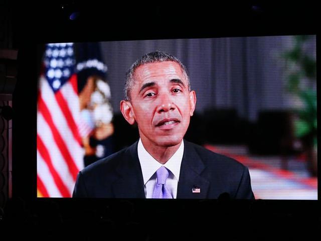 President Barack Obama appeared onscreen at the farewell season finale on Thursday in Los Angeles. (AP) 