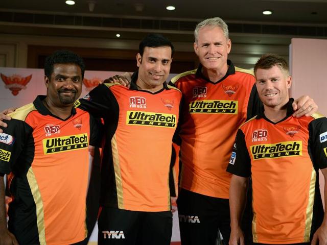 Sunrisers Hyderabad captain David Warner (R) poses with team coach and former Autralian cricketer Tom Moody (2R), and teammates VVS Laxman (2L) and Muttiah Muralitharan (L) at a press conference in Hyderabad. (AFP) Sunrisers Hyderabad captain David Warner (R) poses with team coach and former Autralian cricketer Tom Moody (2R), and teammates VVS Laxman (2L) and Muttiah Muralitharan (L) at a press conference in Hyderabad. (AFP)