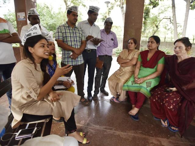 Anvika Mittal of Aam Aadmi Party campaigning at Shalimar Bagh in New Delhi. AAP released its first list of eight candidates on March 9 and another of five candidates on March 16. (Virendra Singh Gosain/Hindustan Times) Anvika Mittal of Aam Aadmi Party campaigning at Shalimar Bagh in New Delhi. AAP released its first list of eight candidates on March 9 and another of five candidates on March 16. (Virendra Singh Gosain/Hindustan Times)