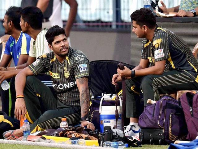 Kolkata Knight Riders’ Umesh Yadav, left, talks to a team member during a practice session at Eden Gardens in Kolkata. (PTI) Kolkata Knight Riders’ Umesh Yadav, left, talks to a team member during a practice session at Eden Gardens in Kolkata. (PTI)