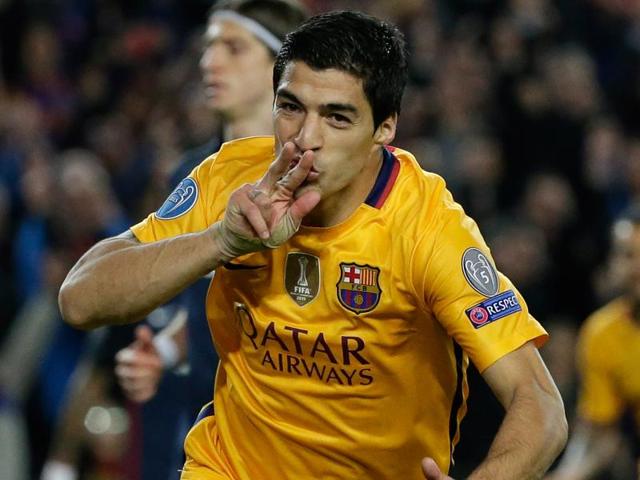 Barcelona's Luis Suarez celebrates after scoring his side’s second goal during the Champions League. (AP Photo) Barcelona's Luis Suarez celebrates after scoring his side’s second goal during the Champions League. (AP Photo)