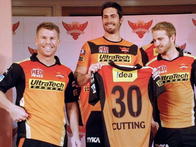 David Warner, Ben Cutting and Kane Williamson at the Sunrisers Hyderabad squad launch. (PTI) David Warner, Ben Cutting and Kane Williamson at the Sunrisers Hyderabad squad launch. (PTI)
