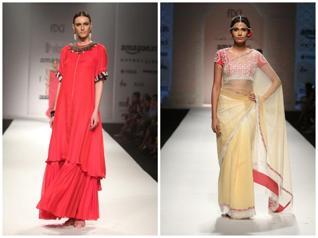 Models in sharara and sari seen on designers Nikasha and Niki Mahajan’s runway respectively. (Photos: Raajessh Kashyap)
