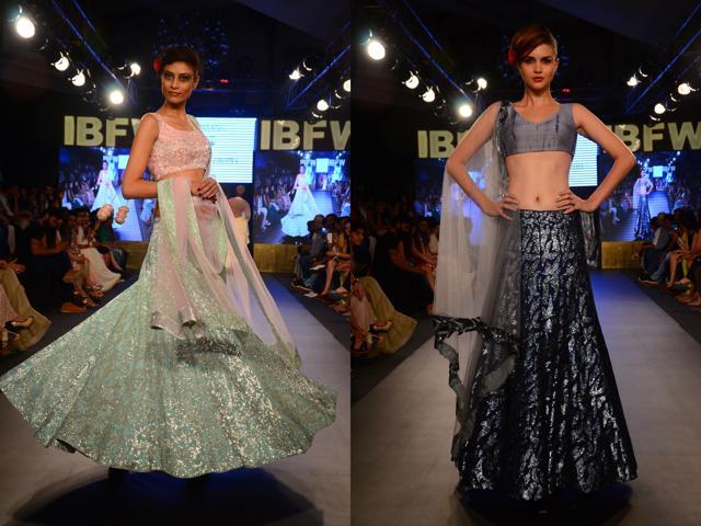 Go for light-weight lehengas in mint green and navy blues, says designer Mayyur Girotra. Go for light-weight lehengas in mint green and navy blues, says designer Mayyur Girotra.