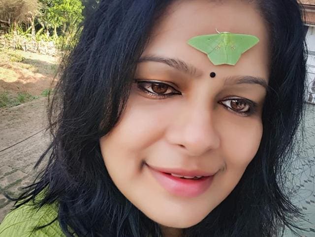 Bindiya chamkegi! The moth perches delicately on the forehead. (Photo: Selfie by Resmi Varma) Bindiya chamkegi! The moth perches delicately on the forehead. (Photo: Selfie by Resmi Varma)