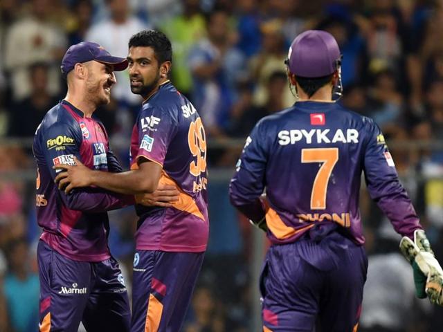 Rising Pune Supergiants R Ashwin with his team mates celebrates the wicket of Mumbai Indians. (Kunal Patil/HT Photo) Rising Pune Supergiants R Ashwin with his team mates celebrates the wicket of Mumbai Indians. (Kunal Patil/HT Photo)