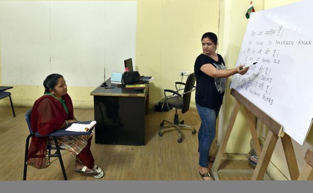 A woman during a training session. (Sushil Kumar/HT Photo) A woman during a training session. (Sushil Kumar/HT Photo)