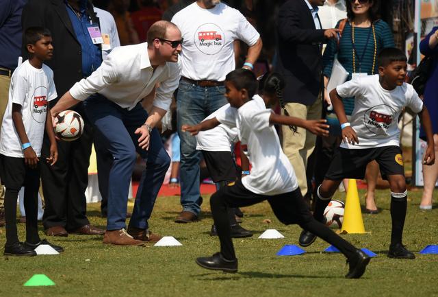 Catherine, Duchess Of Cambridge and Prince William play with children from Magic Bus, Childline and Doorstep, three non-governmental organizations, and watch a game of cricket at Mumbai's iconic recreation ground, the Oval Maidan in Mumbai. (Photo by Kunal Patil/ Hindustan Times) (Hindustan Times) Catherine, Duchess Of Cambridge and Prince William play with children from Magic Bus, Childline and Doorstep, three non-governmental organizations, and watch a game of cricket at Mumbai's iconic recreation ground, the Oval Maidan in Mumbai. (Photo by Kunal Patil/ Hindustan Times) (Hindustan Times)