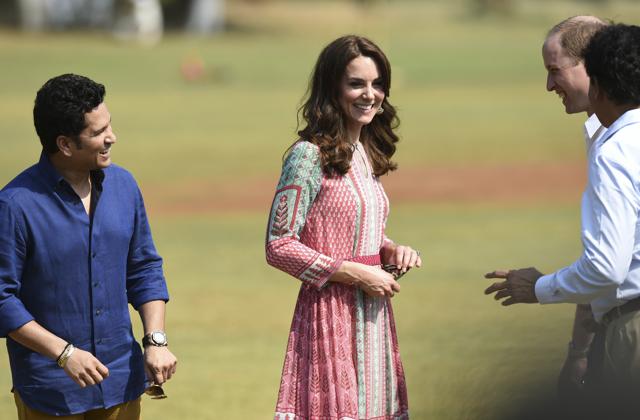 A small game of improvised dodgeball f ollowed before Prince William picked up the willow, with the ball in cricket legend Sachin Tendulkar’s hand, former Indian cricket captain Dilip Vengsarkar behind the wickets and the Duchess at a close in fielding position. A small game of improvised dodgeball f ollowed before Prince William picked up the willow, with the ball in cricket legend Sachin Tendulkar’s hand, former Indian cricket captain Dilip Vengsarkar behind the wickets and the Duchess at a close in fielding position.
