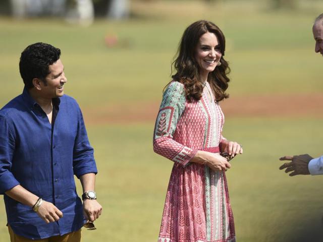 The Duke and Duchess of Cambridge, Prince William, second right and his wife, the former Kate Middleton, center, speak with former Indian cricketers Sachin Tendulkar, left and Dilip Vengsarkar. (AP Photo) The Duke and Duchess of Cambridge, Prince William, second right and his wife, the former Kate Middleton, center, speak with former Indian cricketers Sachin Tendulkar, left and Dilip Vengsarkar. (AP Photo)