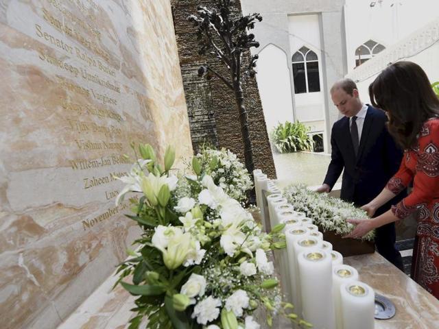 The royal couple began their weeklong visit to India and Bhutan, by laying a wreath at a memorial Sunday at Mumbai’s iconic Taj Mahal Palace hotel, where 31 victims of the 2008 Mumbai terrorist attacks were killed. (AP Photo) The royal couple began their weeklong visit to India and Bhutan, by laying a wreath at a memorial Sunday at Mumbai’s iconic Taj Mahal Palace hotel, where 31 victims of the 2008 Mumbai terrorist attacks were killed. (AP Photo)