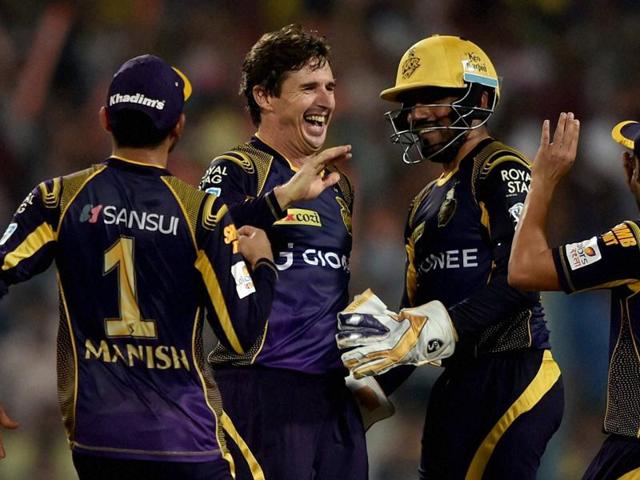 KKR Bowler Brad Hogg jubiliate with his teammates after dismissal of Delhi Daredevils batsman Pawan Negi. (PTI Photo) KKR Bowler Brad Hogg jubiliate with his teammates after dismissal of Delhi Daredevils batsman Pawan Negi. (PTI Photo)
