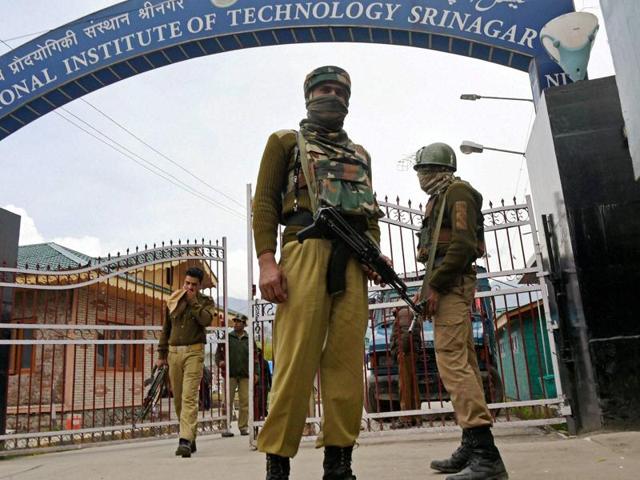 Security forces were deployed at the NIT campus in Srinagar after the unrest at the institute in Srinagar. (PTI Photo) Security forces were deployed at the NIT campus in Srinagar after the unrest at the institute in Srinagar. (PTI Photo)